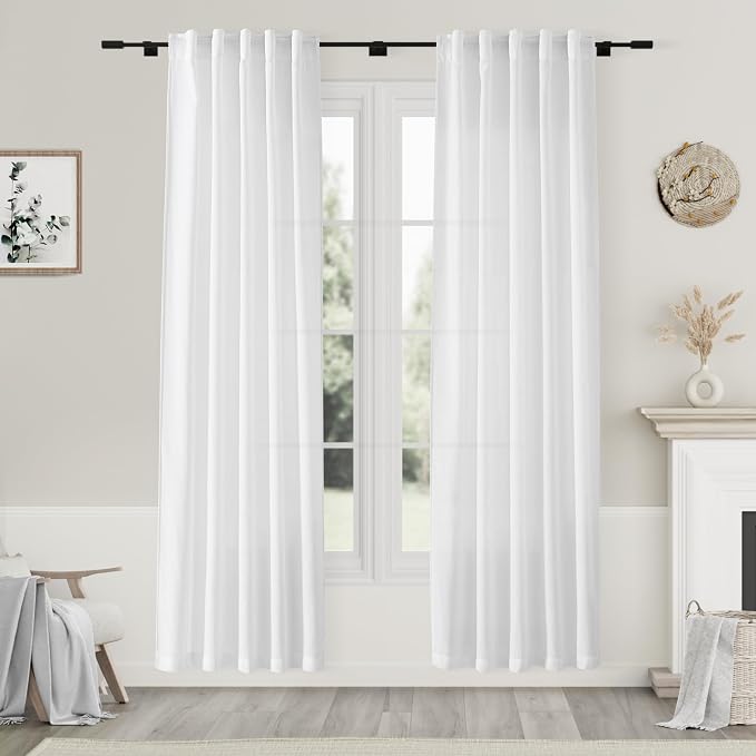 White Linen Curtains 80 Inches Length 2 Panels Set by Nanspring