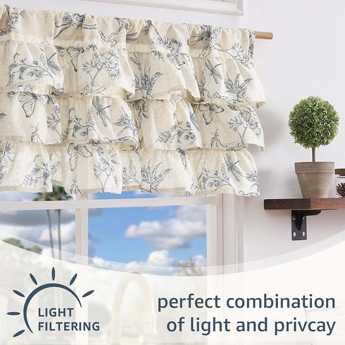 jinchan Ruffled Valance Curtain Linen Floral Kitchen Valance 18 Inch Shabby - Image 7