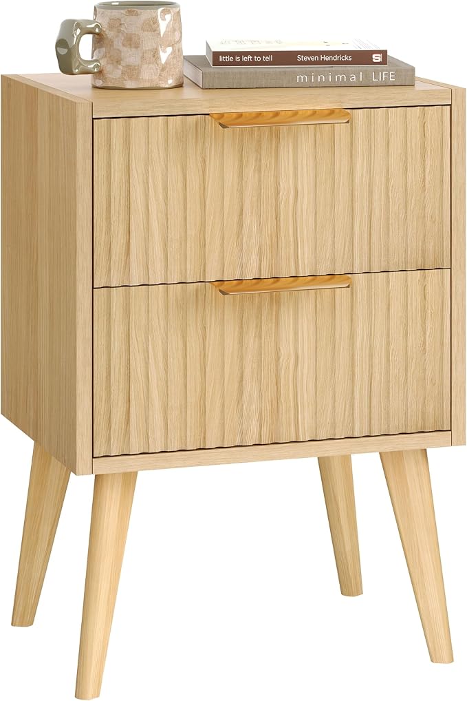 YAUKOMEL Fluted Nightstand, Small Bedside Table, Natural Wood Night Stand by YAUKOMEL