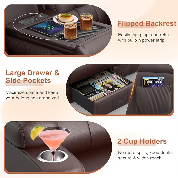 RV Loveseat Recliner Sofa, Built-in Power Strip, Massage Wall Hugger 3-Seater - Image 3