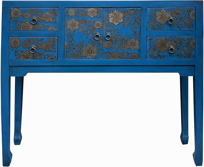 Blue Lacquer Golden Flower Graphic Drawers Slim Foyer Side Table Acs7732 by ORIENTLIVING