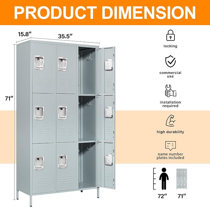 Metal Locker with 9 Doors Employees Locker, Metal Storage Locker with Hooks - Image 3