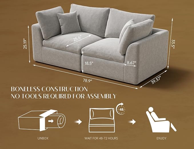 ohllob 78.9" Loveseat Sofa, Cloud Boneless Couches - Image 2