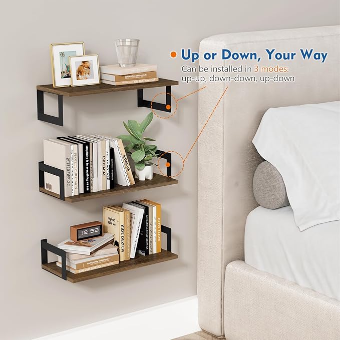 Harwaya Floating Book Shelves for Wall Set of 3, 17 x 8 Inch Deep Wooden Wall - Image 6