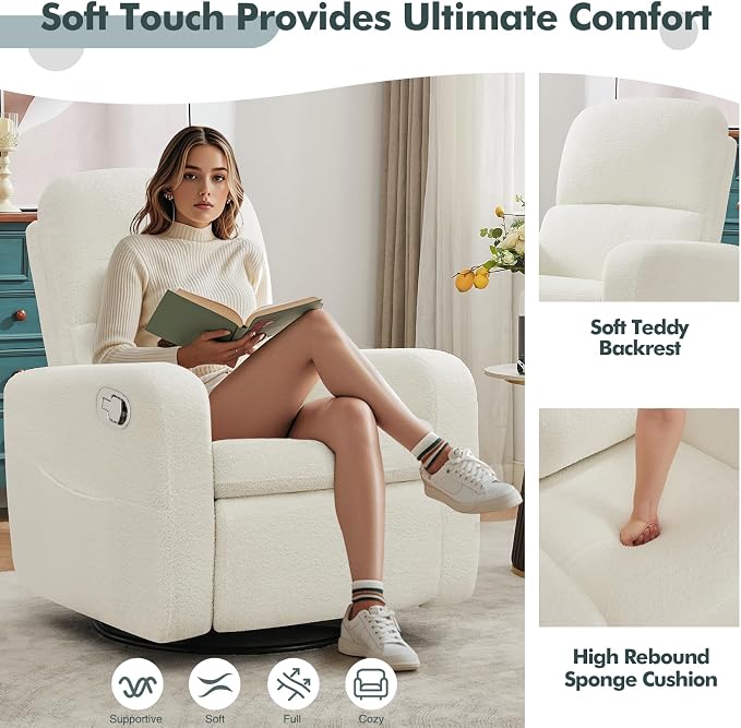 Swivel Rocker Recliner, Oversized Boucle Glider Recliner Nursery, Manual Swivel - Image 6