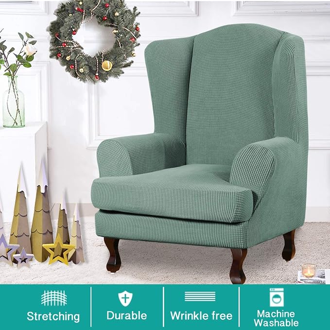 Turquoize Wingback Chair Covers 2 Piece Wing Chair Slipcover Stretch Slipcovers - Image 2