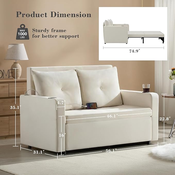Krcix 3 in 1 Pull Out Couch, 56 Inch Velvet Sofa Bed, Convertible Sleeper Sofa - Image 2