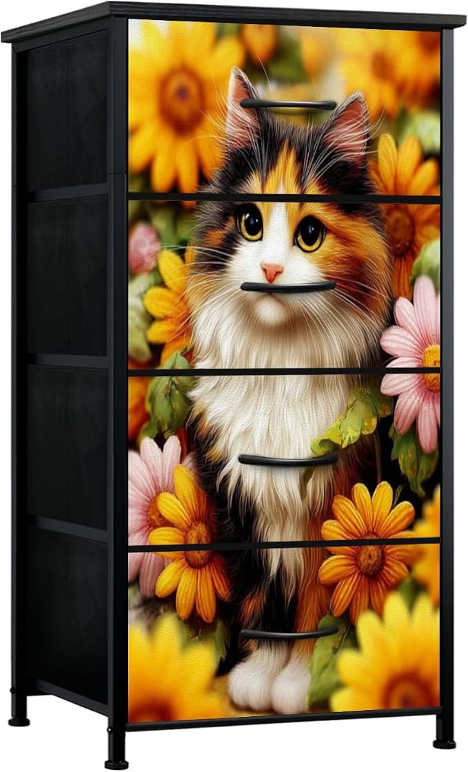 Dresser for Bedroom Calico Cat Surrounded by Bright Sunflowers Daisies Garden by Unknown