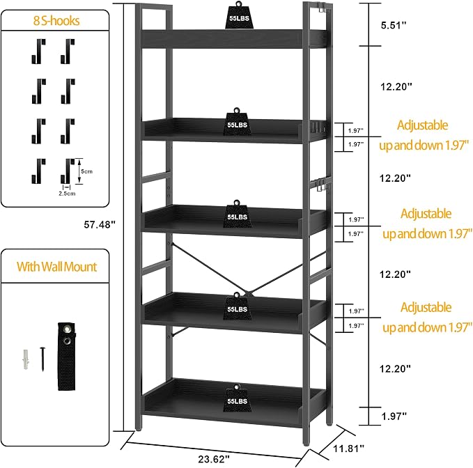 HCHQHS 5 Tier Bookshelf, Adjustable Industrial Bookcase, Vertical Tall Book - Image 3