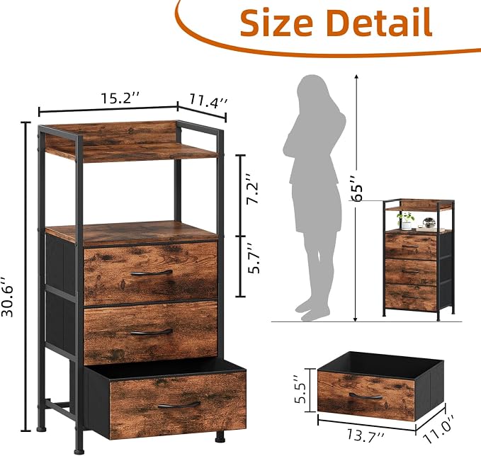 Somdot Nightstand with 3 Drawers, Dresser with Fabric Bins - Image 3
