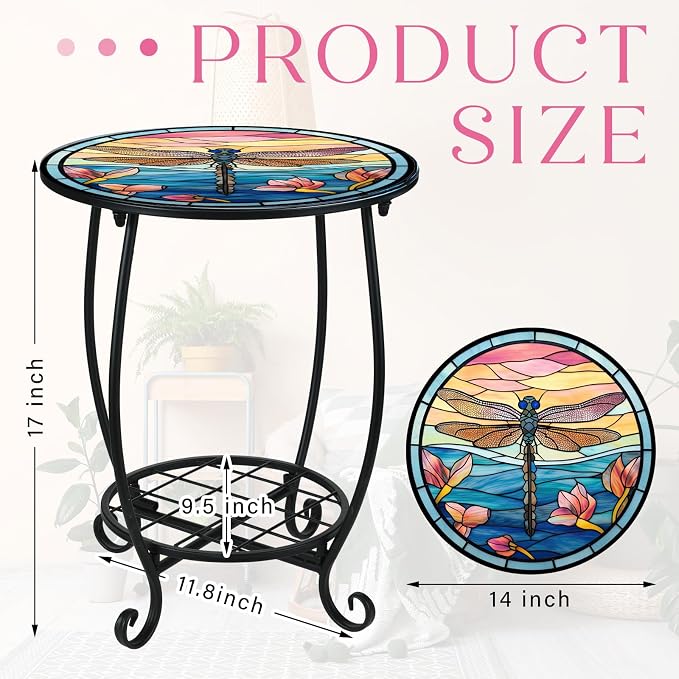 Cinnvoice Outdoor Side Table Round Small Mosaic Patio Accent Indoor End Plant - Image 3