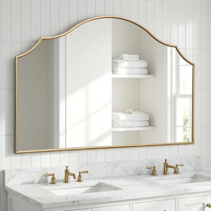 Besdomus Large Scalloped Gold Mirror: 47"x31" Modern Minimalist Wood Frame Wall - Image 6