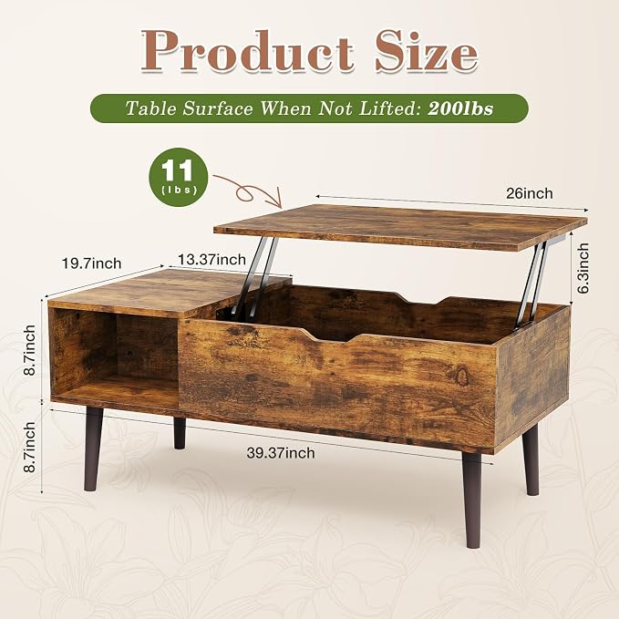 OLIXIS Wooden Coffee Table, Lift Top Coffee Table - Image 2