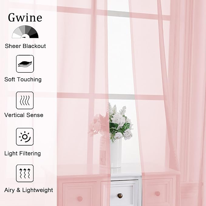 Gwine Blush Pink Sheer Curtain Tiers 24 Inch Length, Light Filtering Voile - Image 3