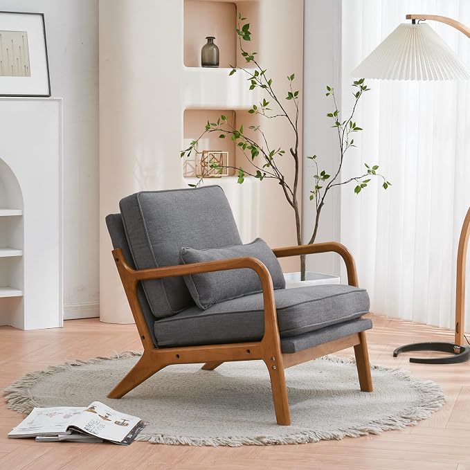 Bonnlo Linen Dark Grey Mid Century Modern Accent Chair, Soild Wood Padding - Image 6