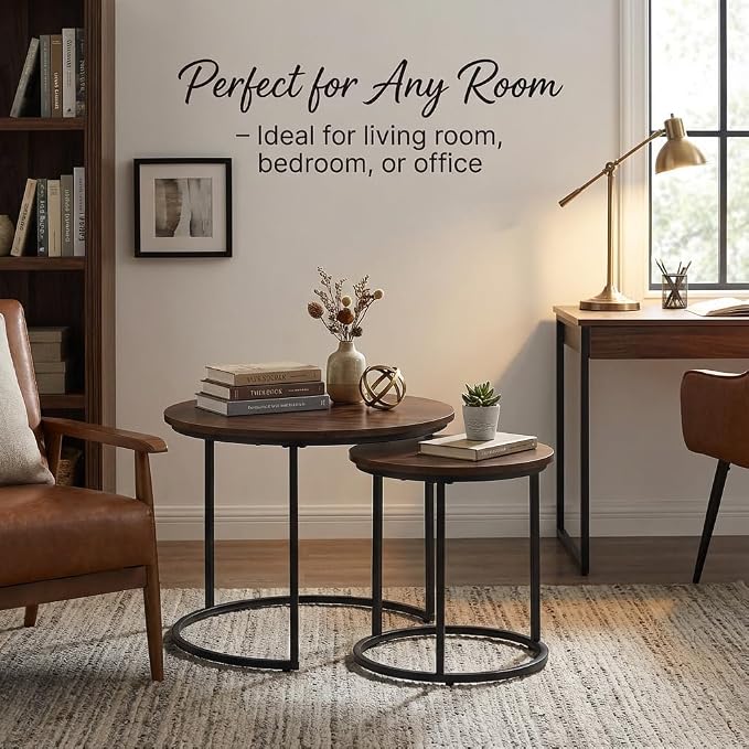 Round Nesting Coffee Table Set of 2, Modern Marble Pattern Wooden Nesting Tables - Image 5