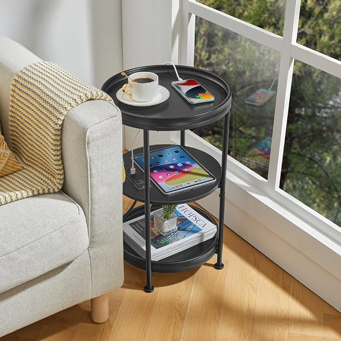 Dulcii Round Side Table with Charging Station, Bedroom Nightstand with Steel - Image 6