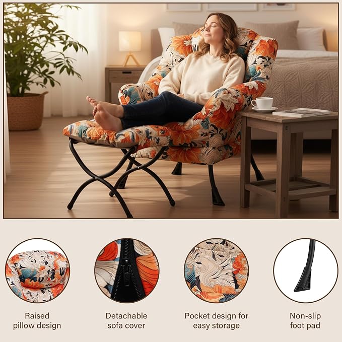 Welnow Lazy Chair with Ottoman, Modern Accent Chair with Armrests and a Side - Image 4