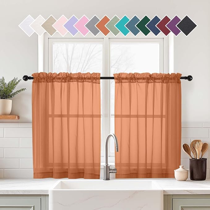 Orange Small Sheer Curtains 2 Panels Set, Kitchen Curtains 36 Inch Length by Home