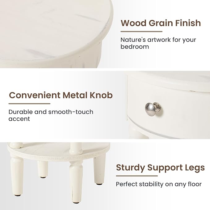 HOMPUS Round End Table with Drawer Set of 2, Rustic Framhouse Nightstand Set 2 - Image 7