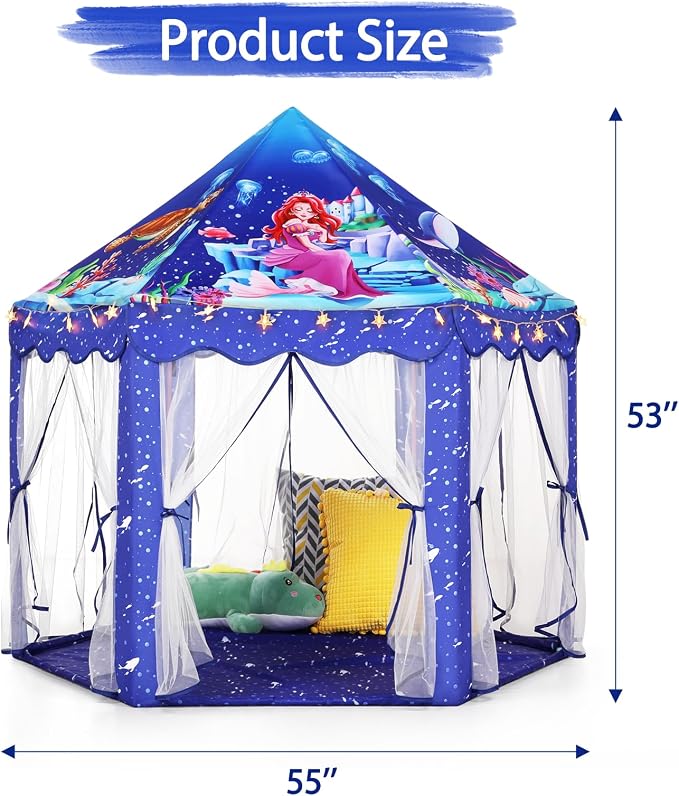Monobeach Mermaid Princess Tent Girls Blue Large Playhouse Kids Castle Play Tent - Image 7