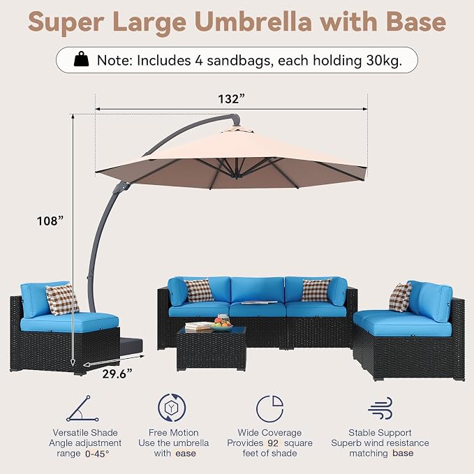 Aoxun Patio Furniture Set with Umbrella, 8 Piece Outdoor Sectional Sofas - Image 4
