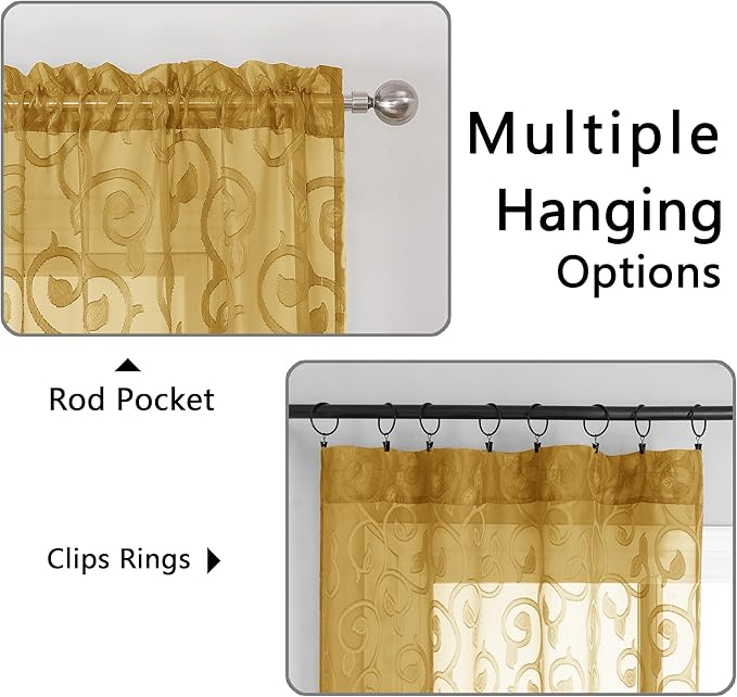OWENIE Furman Gold Sheer Curtains 45 Inch Length 2 Panels Set - Image 4