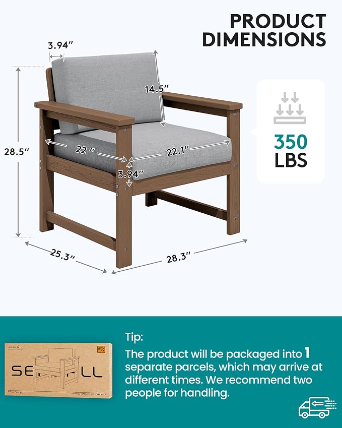 SERWALL 2 Pieces Single Cushioned Lounge Chair, HDPE Outdoor Adirondack Sofa - Image 3