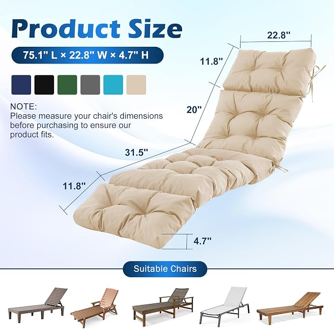 Chaise Lounge Cushions Outdoor, Waterproof & Fade Resistant Patio Lounge Chair - Image 2