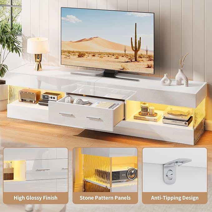 Bestier 67" Modern TV Stand for TVs up to 75 Inch, High Gloss LED Entertainment - Image 4