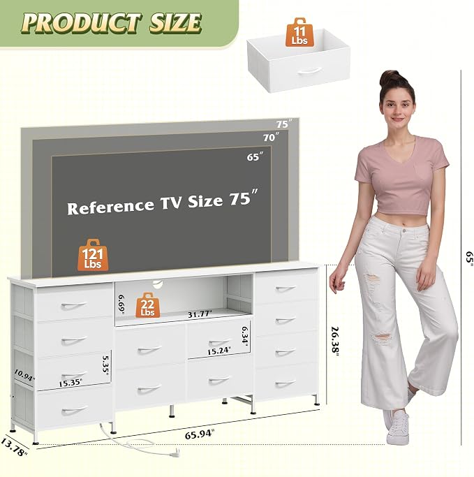 WLIVE White Dresser for Bedroom, Dresser TV Stand for 65, 75 inch TV - Image 3