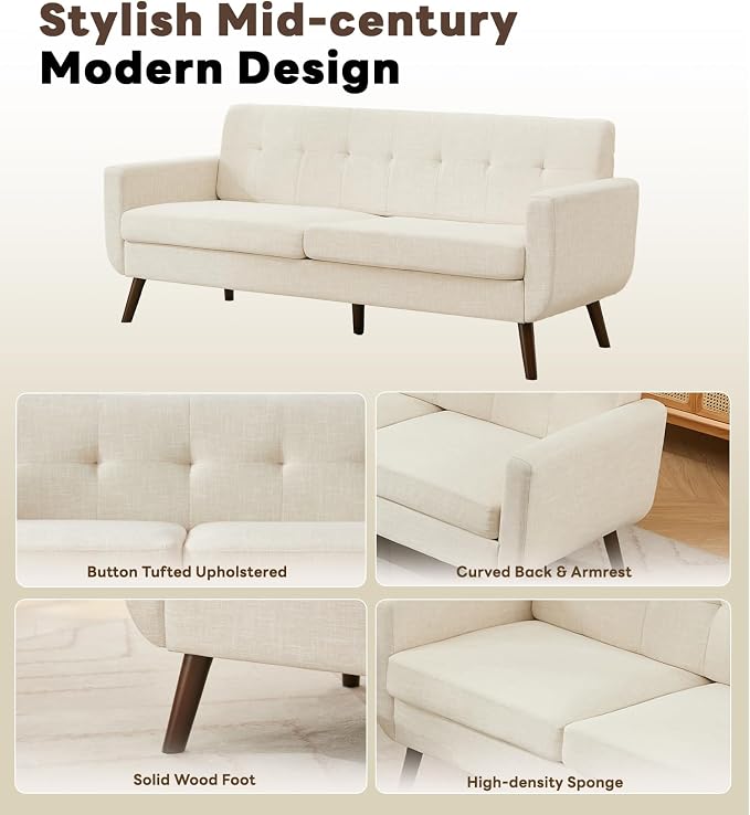 Tbfit 77.2" W Linen Sofa Couch, Mid Century Modern Decor Loveseat Couches - Image 8