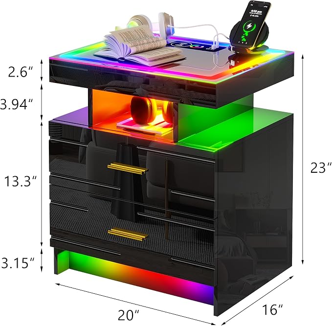HNEBC RGB Nightstand with Wireless Charging Station, LED Night Stand with - Image 2