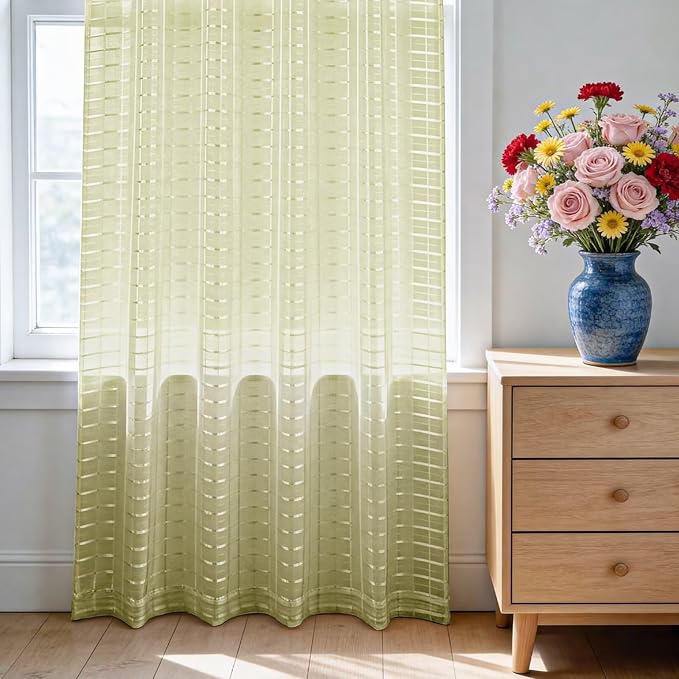 SpaceDresser Check Sheer Curtains 63 Inches 2 Panels Set, Rod Pocket Plaid - Image 3
