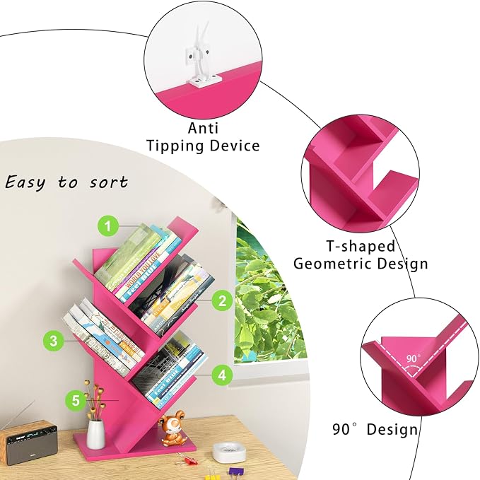 SHEEPAM 5 Tier Tree Book Shelf, Small Desktop Bookshelf - Image 7