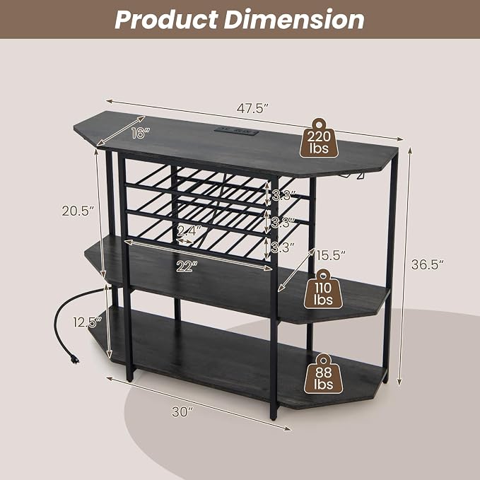 COSTWAY Wine Bar Cabinet, 3-Tier Liquor Cabinet - Image 3