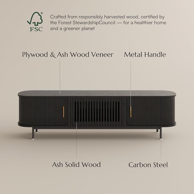 POVISON Fully-Assembled Mid Century Modern TV Stand, Sliding Tambour Door - Image 6