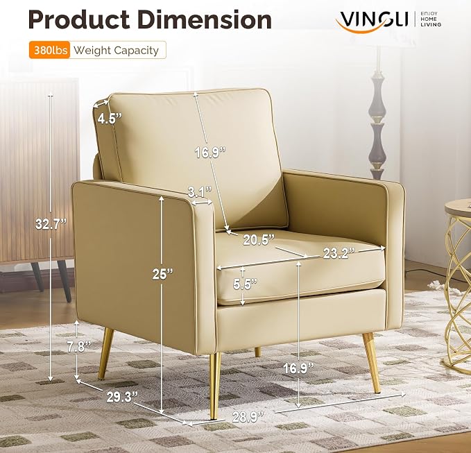 VINGLI Modern PU Leather Accent Chairs Set of 2, Single Sofa Chair - Image 2