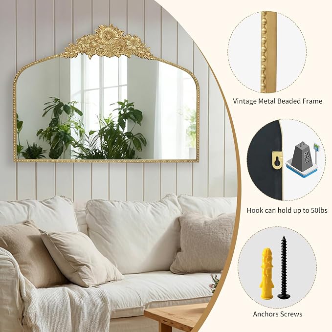 Arch Antique Gold Mirror, 40x30inch Baroque Style Vintage Metal Frame Wall - Image 4