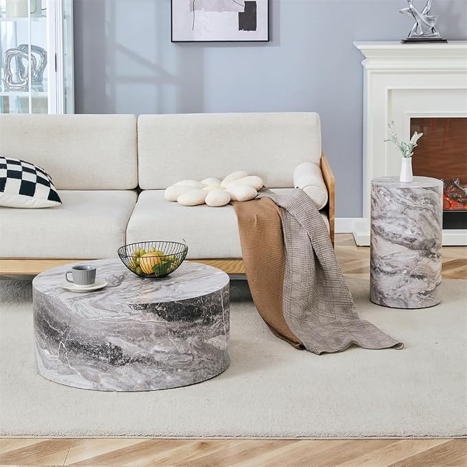 Round Coffee Table Set for 2, Modern Living Room Table Set, Faux Marble Wood - Image 3