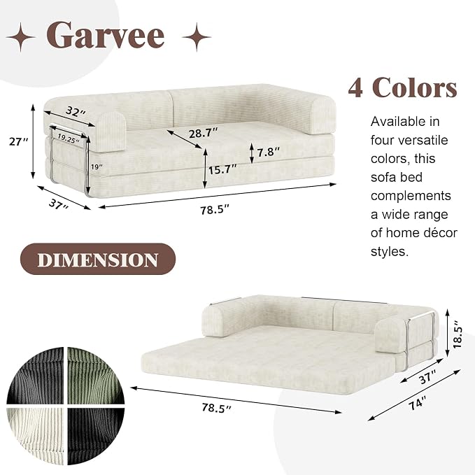 Garvee 78" Convertible Sleeper Sofa Bed, Plush Corduroy Futon Loveseat - Image 2