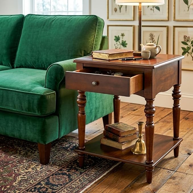 End Table with Drawer and Storage Shelf, Solid Wood Sofa Side Table, Square by MODERION-YourHomeSoulMate