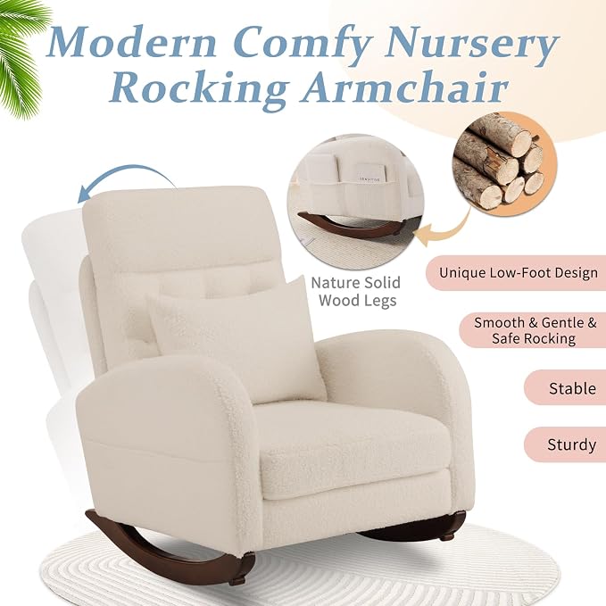 VINGLI Teddy Fleece Low Seat Rocking Chair, Boucle Upholstered Nursery Glider - Image 3
