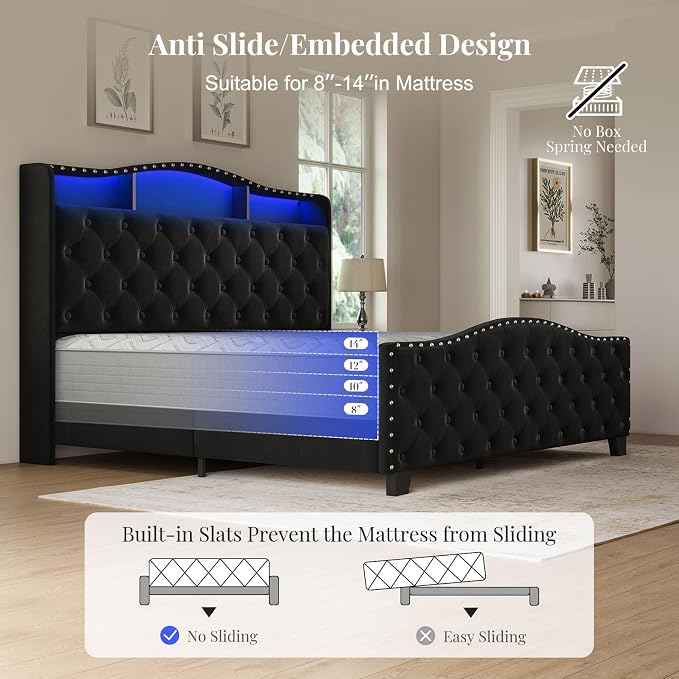 Belffin Queen Size Bed Frame and Headboard, 50.9" Velvet Upholstered Wingback - Image 5
