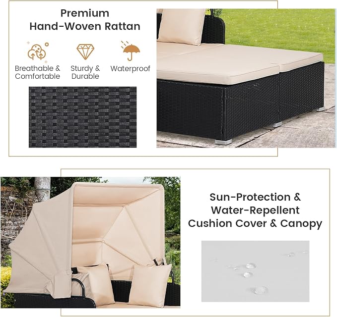 COSTWAY Outdoor Daybed with Retractable Canopy, Patio Rattan Daybed with - Image 5