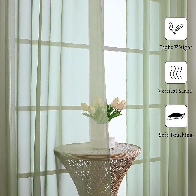 Lecloud Sage Green Sheer Curtains 90 Inches Long 2 Panels, Light Filtering Airy - Image 6