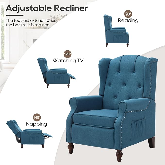Wingback Recliner with Massage and Heat, Tufted Fabric Push Back Recliner Chair - Image 5