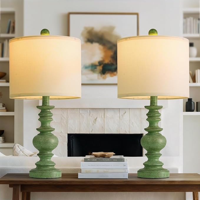 BOBOMOMO 20" Sage Green Table Lamps Set of 2 – Farmhouse Resin Bedside Lamps - Image 8