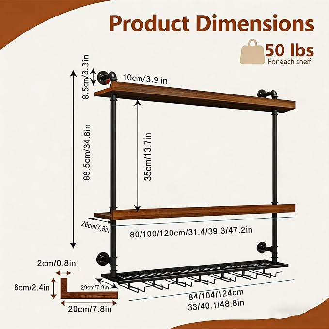 Wall Mounted Wine Rack with LED Lights, 3-Tier Industrial Wood Floating Shelves - Image 2