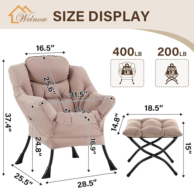 Welnow Lazy Chair with Ottoman, Modern Reading Accent Chair with Armrests and a - Image 3